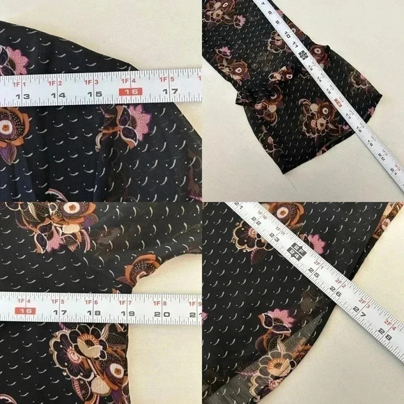 DR2 Blouse Sheer Ruffle Sleeve Bohemian Dark Floral Flowy Black Brown Small - Picture 9 of 12